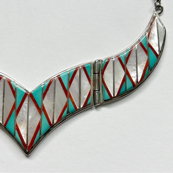 Vintage Signed Zuni Turquoise Mother Pearl Coral Inlay Sterling Silver Necklace - Picture 12 of 15
